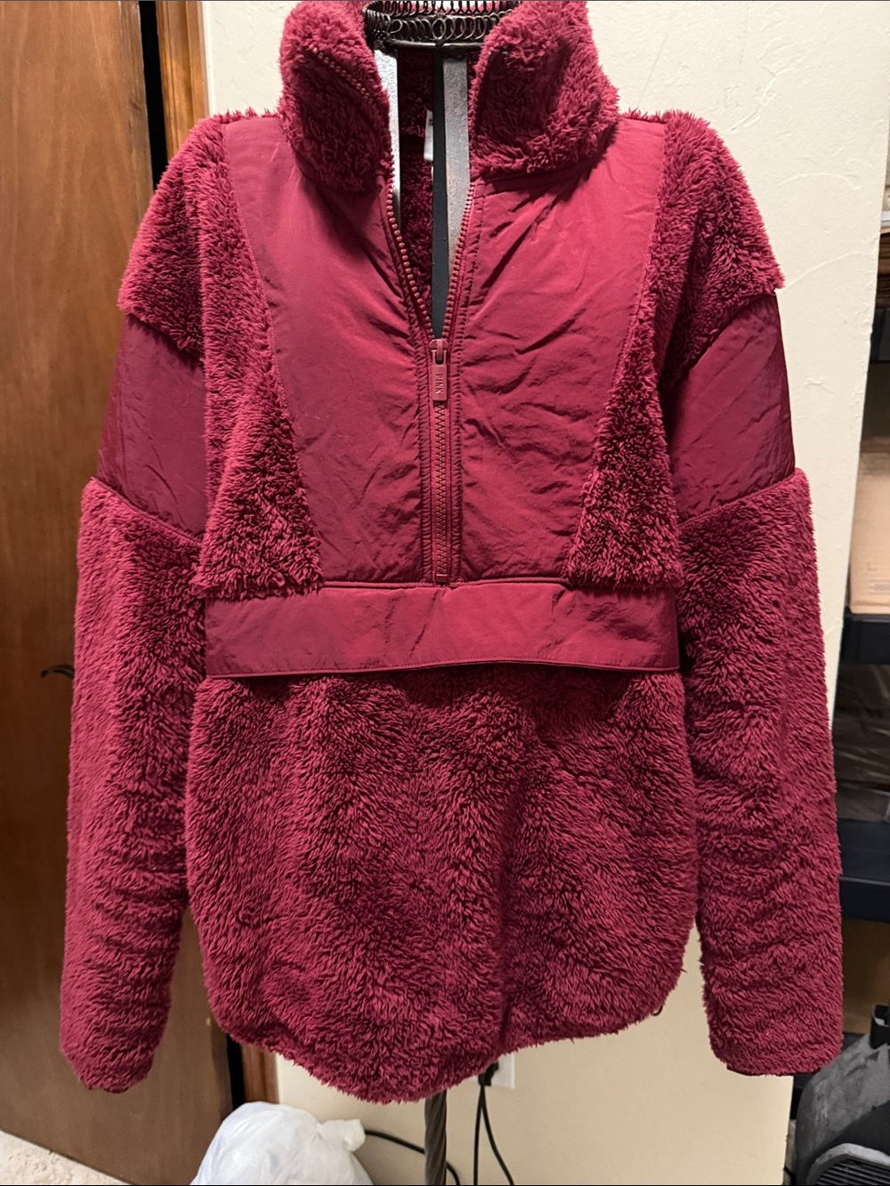 PINK Victoria's Secret Plush Half-Zip Teddy Jacket in Burgundy
